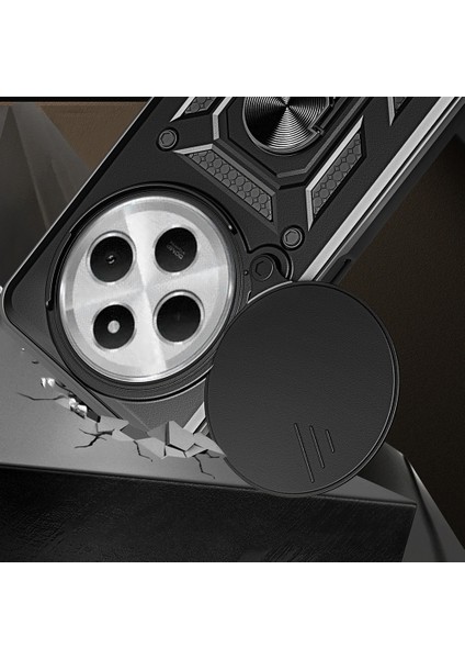 Xiaomi Redmi 14C 4g Uyumlu Magnetik Standlı Kamera Korumalı Sürgülü Vega Kapak-Siyah