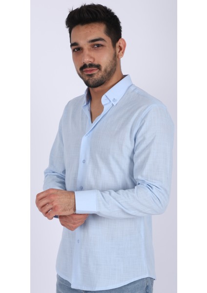 Erkek Pamuklu Keten Gömlek Yakalı Uzun Kollu Mavi Renk modelleri