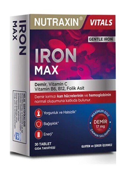 Iron Max Demir, Vitamin C, Vitamin B12 Içeren Takviye Edici Gıda 30 Tablet