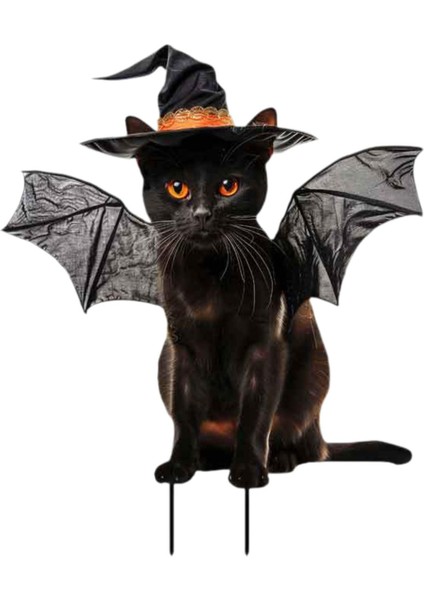 Kedi Heykeli Bahçe Kazığı Cadılar Bayramı Dekorasyonu Kedi Zemin Eki 23.3X28 cm Siyah Kanatlı (Yurt Dışından)