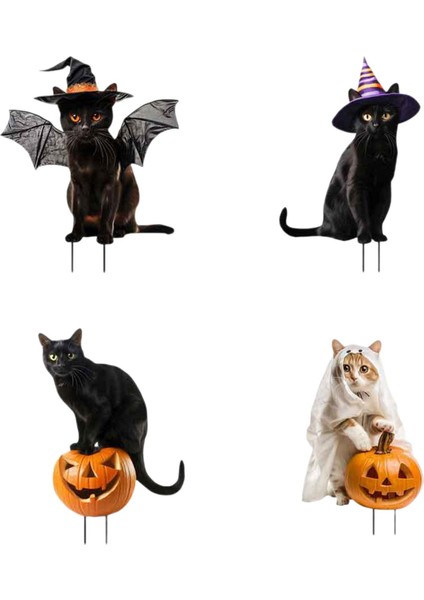 4 Parça Kedi Heykelleri Bahçe Kazıkları Avlu Çimleri Için Cadılar Bayramı Süslemeleri (Yurt Dışından)