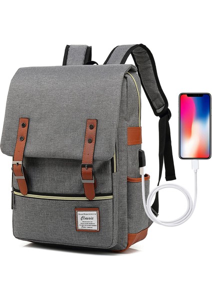 USB Portlu Kanvas Dizüstü Sırt Çantası: Erkekler ve Kadınlar Için Unisex Retro Stil Açık Seyahat Çantası (Yurt Dışından)