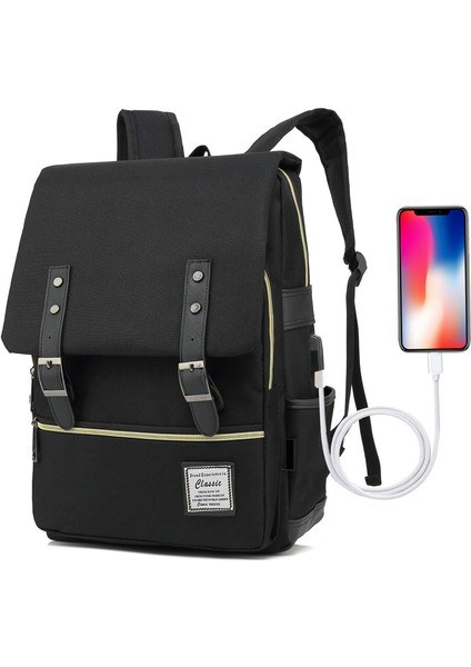 USB Portlu Kanvas Dizüstü Sırt Çantası: Erkekler ve Kadınlar Için Unisex Retro Stil Açık Seyahat Çantası (Yurt Dışından)