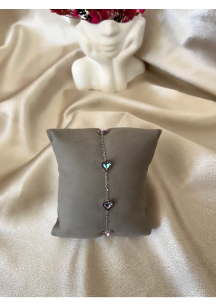 Parlak Taş Kalp Silver Çelik Bileklik