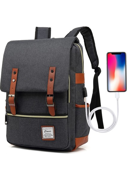 USB Portlu Kanvas Dizüstü Sırt Çantası: Erkekler ve Kadınlar Için Unisex Retro Stil Açık Seyahat Çantası (Yurt Dışından)