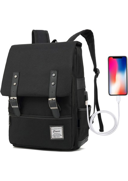 USB Portlu Kanvas Dizüstü Sırt Çantası: Erkekler ve Kadınlar Için Unisex Retro Stil Açık Seyahat Çantası (Yurt Dışından)