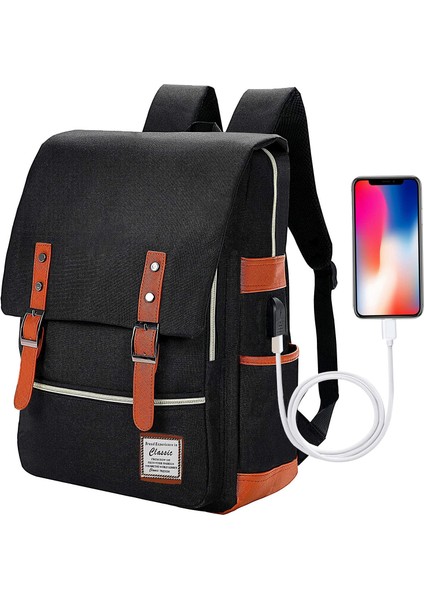 USB Portlu Kanvas Dizüstü Sırt Çantası: Erkekler ve Kadınlar Için Unisex Retro Stil Açık Seyahat Çantası (Yurt Dışından)