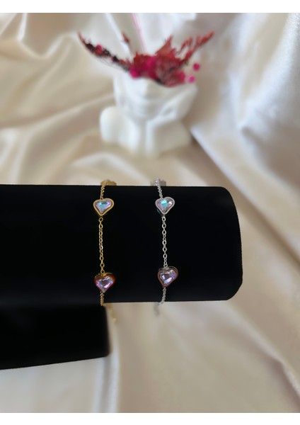 Parlak Taş Kalp Gold Çelik Bileklik modelleri