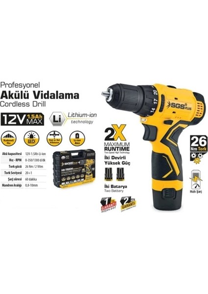 Profesyonel Akülü Vidalama Seti 12 Volt (1.5AH)