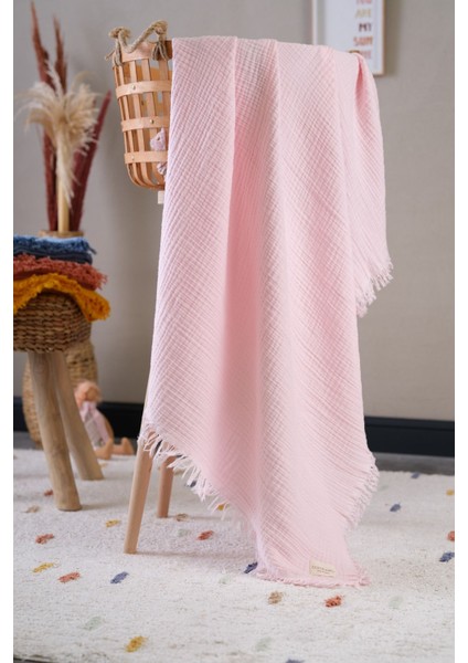 Müslin Örtü & Battaniye 4 Katlı Saçaklı Pamuk Organik Oeko-Teks Sertifikalı 120 x 100 cm