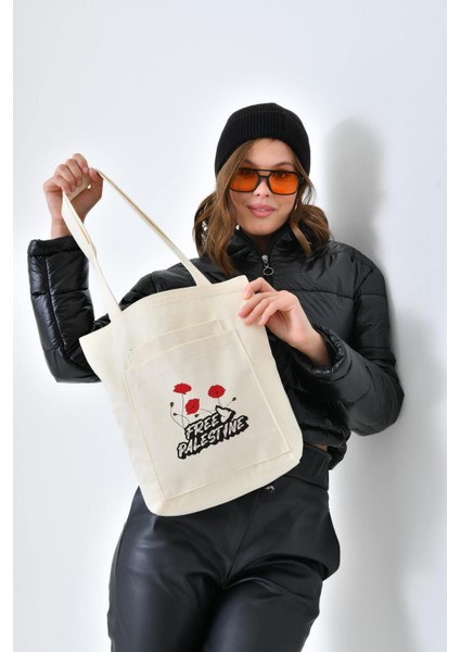 2 Cepli Free Baskılı Ekru Gabardin Çanta modelleri