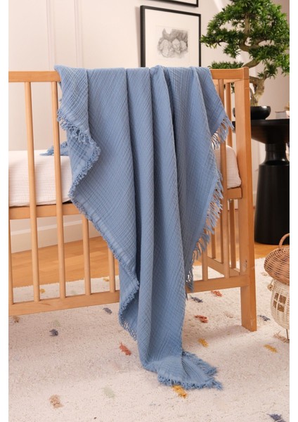 Müslin Örtü & Battaniye 4 Katlı Saçaklı Pamuk Organik Oeko-Teks Sertifikalı 120 x 100 cm