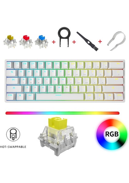 K620 Type-C Kablolu Sarı Switch Klavye LED Rgb 61 Tuşlu Rgb Mekanik Oyuncu Işıklı Klavye Ergonomik Tasarım Bilgisayar Pc Için Gaming Keyboard Beyaz Renk