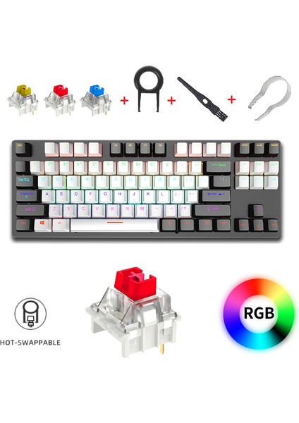 K550 Kablolu Kırmızı Switch Klavye LED Rgb 87 Tuşlu Mekanik Oyuncu Işıklı Klavye Ergonomik Tasarım Rahat 150CM Kablo Bilgisayar Pc Için Siyah-Beyaz Klavye