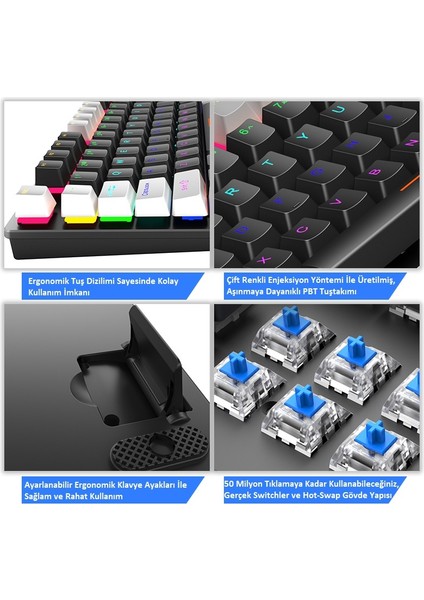 K550 Kablolu Kırmızı Switch Klavye LED Rgb 87 Tuşlu Mekanik Oyuncu Işıklı Klavye Ergonomik Tasarım Rahat 150CM Kablo Bilgisayar Pc Için Siyah-Beyaz Klavye