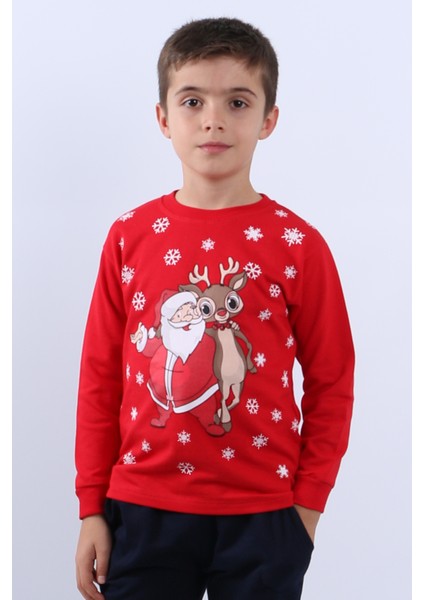 Çocuk Yılbaşı Sweat Noel Baba ve Kar Tanesi Baskılı Ribanalı E15