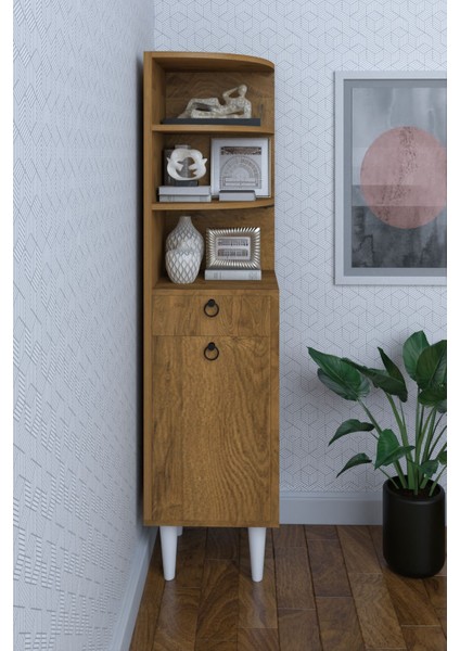 3 Raflı Tek Kapaklı Modern Ayaklı Tek Çekmeceli Vitrin Gümüşlük Çok Amaçlı Dolap