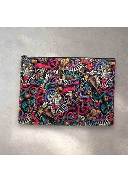Renkli Müzik Nota Desenli Clutch Portföy Çanta