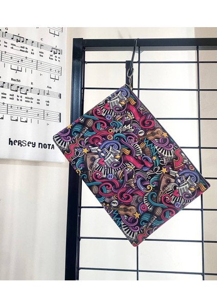 Renkli Müzik Nota Desenli Clutch Portföy Çanta fiyatları