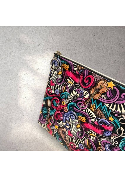 Renkli Müzik Nota Desenli Clutch Portföy Çanta modelleri