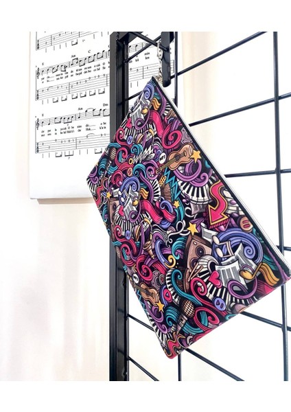 Renkli Müzik Nota Desenli Clutch Portföy Çanta fırsatları