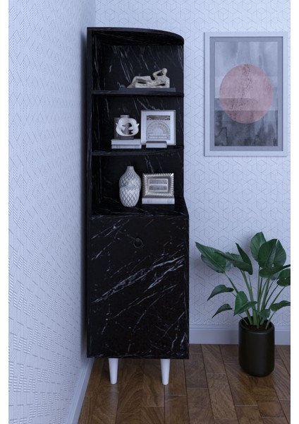 3 Raflı Tek Kapaklı Modern Ayaklı Vitrin Gümüşlük Çok Amaçlı Dolap