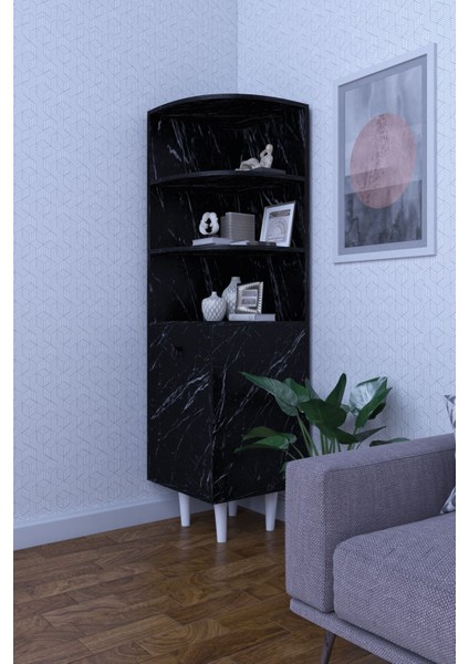 3 Raflı Tek Kapaklı Modern Ayaklı Vitrin Gümüşlük Çok Amaçlı Dolap