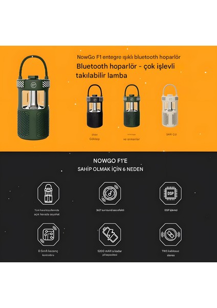 NowGo® F1 Kamp Işığı, Şarjlı Bluetooth Hoparlör Taşınabilir Seyahat Yüksek Ses Kalitesi Su Geçirmez
