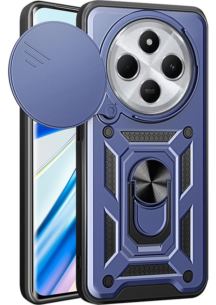 Xiaomi Redmi 14C 4g Uyumlu Magnetik Standlı Kamera Korumalı Sürgülü Vega Kapak-Mavi