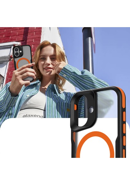 Farma Teknoloji iPhone 16 Plus Uyumlu Magsafe Şarj Özellikli Renkli Kenar Airbag Şeritli Lamer Kapak-Turuncu indirimleri