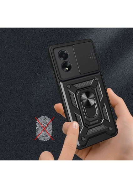 Oppo A38 Uyumlu Magnetik Standlı Kamera Korumalı Zore Sürgülü Vega Kapak-Mavi indirimleri