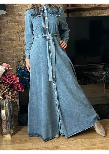 Süs Fermuar Detaylı Denim Kot Elbise Tesettür Jean Elbise 142 cm