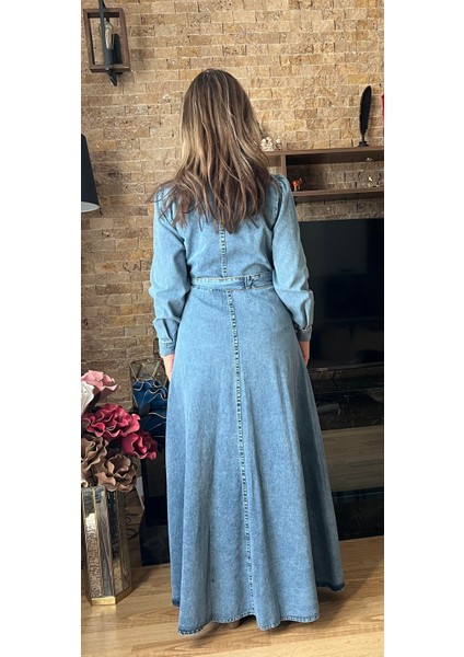 Süs Fermuar Detaylı Denim Kot Elbise Tesettür Jean Elbise 142 cm