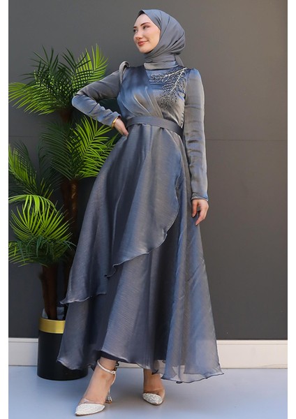 Taşlı Organze Abiye Koyu Gri fiyatları