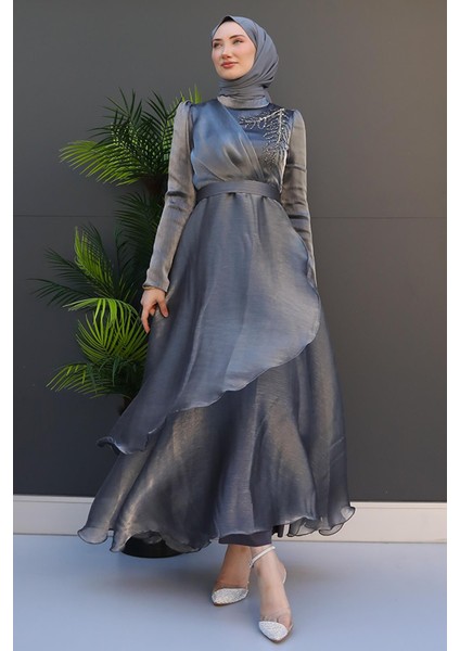 Taşlı Organze Abiye Koyu Gri modelleri