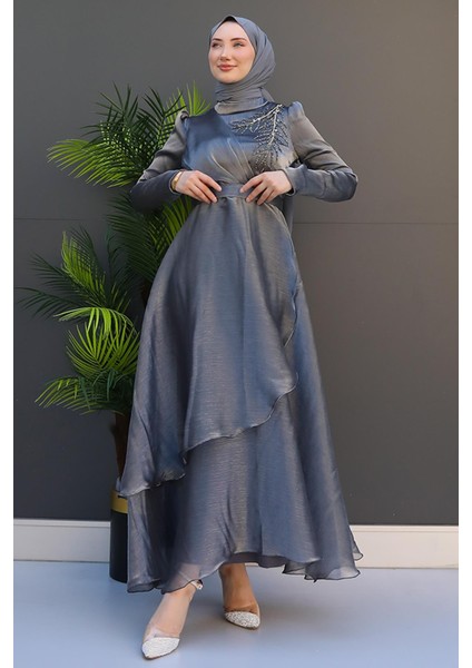 Taşlı Organze Abiye Koyu Gri fırsatları