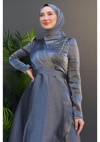 Taşlı Organze Abiye Koyu Gri indirimleri