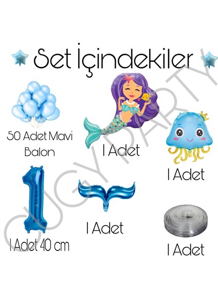 Mavi Deniz Kızı Kuyruklu Doğum Günü Süsü Yaş Seçenekli Okyanus Temalı Parti Seti