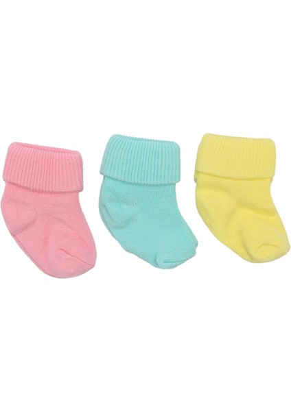 Unisex Pembe Turkuaz Sarı Kıvrık 3'lü Çorap 0-6 Ay