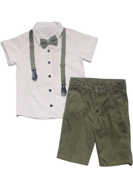 Erkek Çocuk Ekru Yeşil Papyonlu Askılı Gömlek Takım