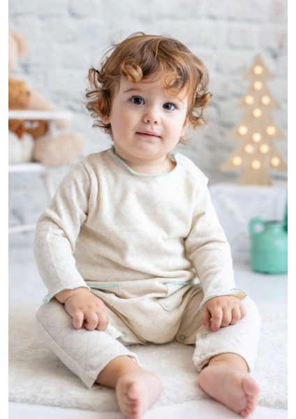 Mavi Ekru Yakadan ve Ağdan Çıtçıtlı % 100 Pamuk Tulum (3-24 Ay)