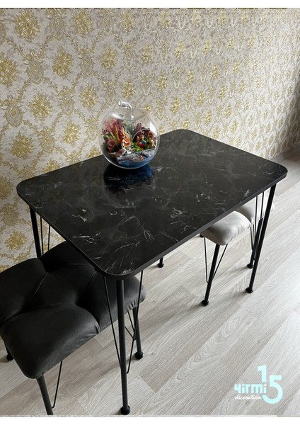 Metal Ayaklı Siyah Mermer Masa 60X90 Çalışma Masası - Mutfak Masası