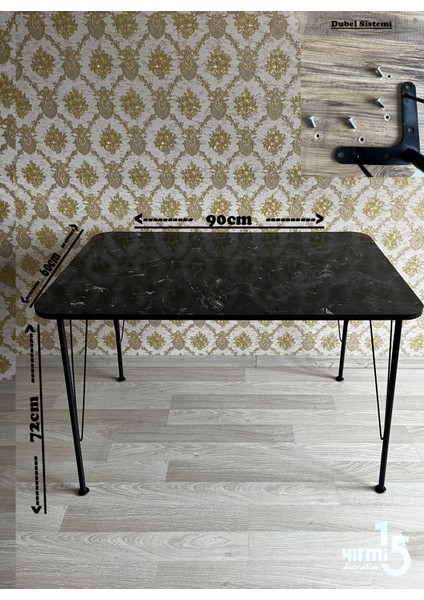 Metal Ayaklı Siyah Mermer Masa 60X90 Çalışma Masası - Mutfak Masası