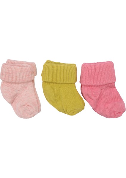 Unisex Sarı Pembe Pudra Kıvrık 3'lü Çorap 0-6 Ay