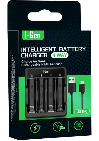 I-Gen G421 4'lü Pil Şarj Aleti + 2 Adet AA Pro 2950 mAh + 2 Adet AAA Pro 1100 mAh Şarjlı Kalem Pilli Set 1.2V Ni-MH fırsatları
