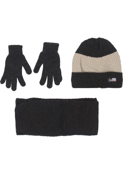 Erkek Çocuk Füme Kahve Şeritli Triko Eldiven Atkı Bere Set 4-8 Yaş