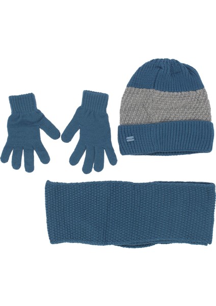Erkek Çocuk Mavi Gri Şeritli Triko Eldiven Atkı Bere Set 4-8 Yaş