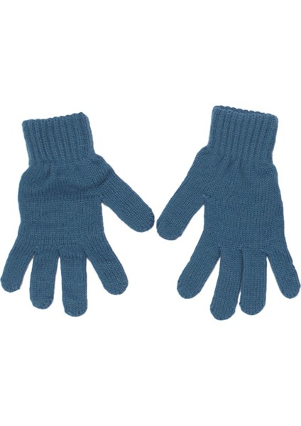 Erkek Çocuk Mavi Gri Şeritli Triko Eldiven Atkı Bere Set 4-8 Yaş
