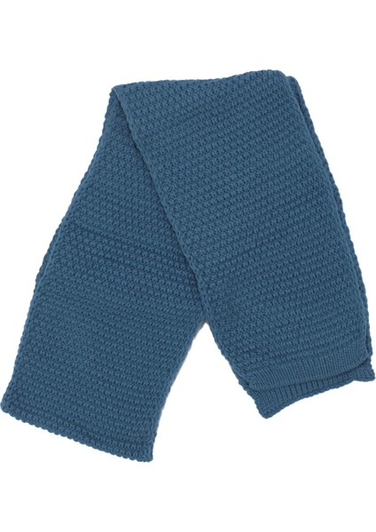 Erkek Çocuk Mavi Gri Şeritli Triko Eldiven Atkı Bere Set 4-8 Yaş