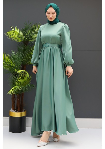 Saten Kemerli Elbise Mint modelleri